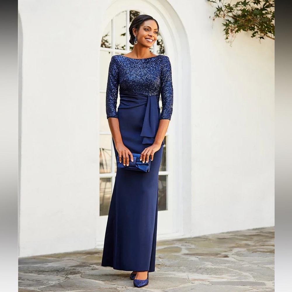Eliza J 3/4 Sleeve Boat Neck Sequin Side Ruffle V-Back A-Line Gown